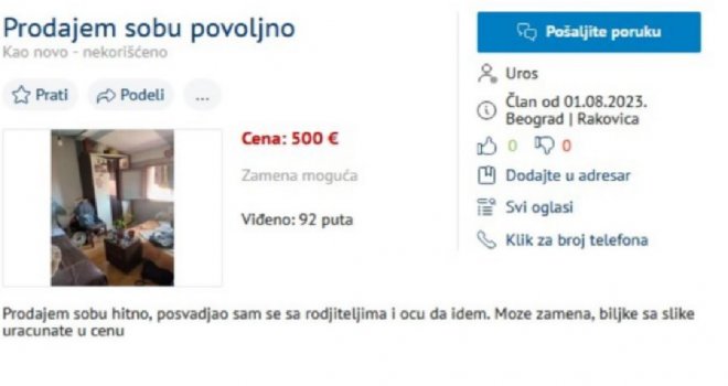 Oglas koji je nasmijao region: Posvađao se s roditeljima, pa prodaje svoju sobu