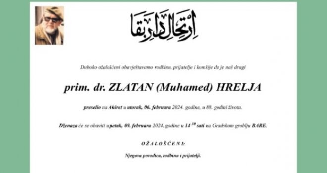Preminuo ugledni sarajevski otorinolaringolog Zlatan Hrelja Čaki, ratni hirurg u Sarajevu
